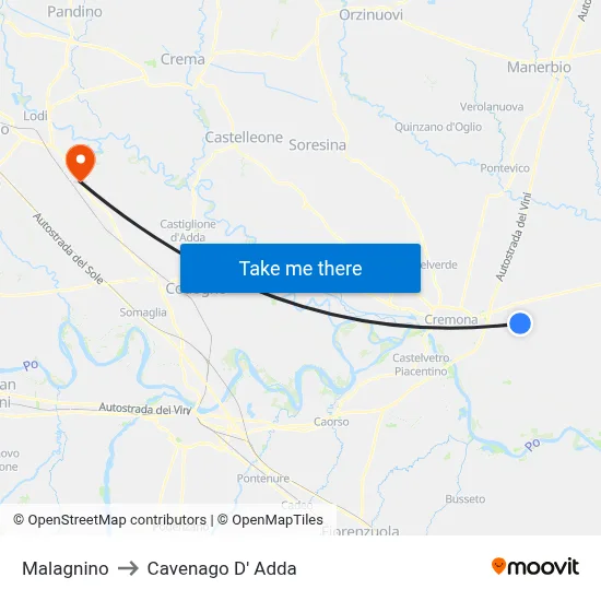 Malagnino to Cavenago D' Adda map