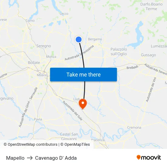Mapello to Cavenago D' Adda map