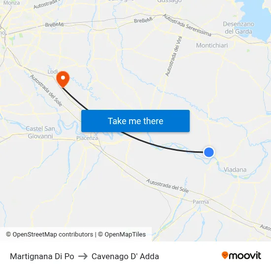 Martignana di Po to Cavenago D' Adda map