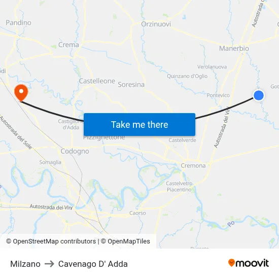 Milzano to Cavenago D' Adda map
