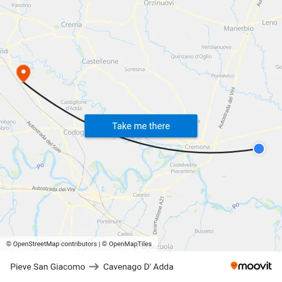 Pieve San Giacomo to Cavenago D' Adda map