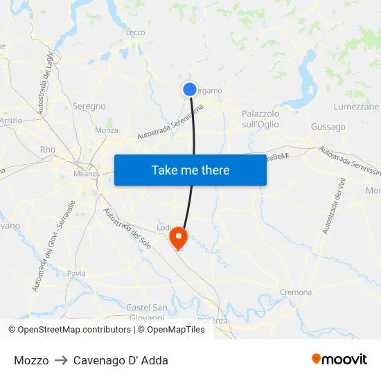 Mozzo to Cavenago D' Adda map