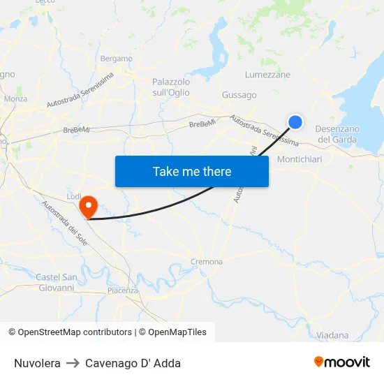 Nuvolera to Cavenago D' Adda map