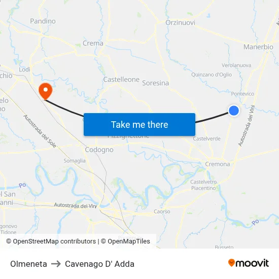 Olmeneta to Cavenago D' Adda map