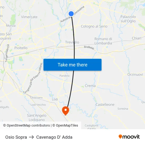 Osio Sopra to Cavenago D' Adda map
