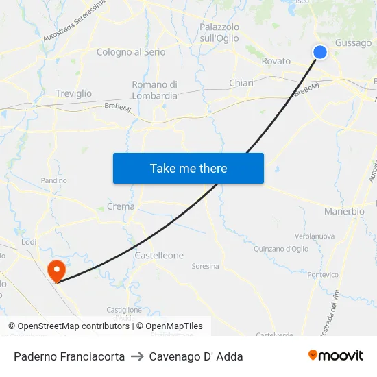 Paderno Franciacorta to Cavenago D' Adda map