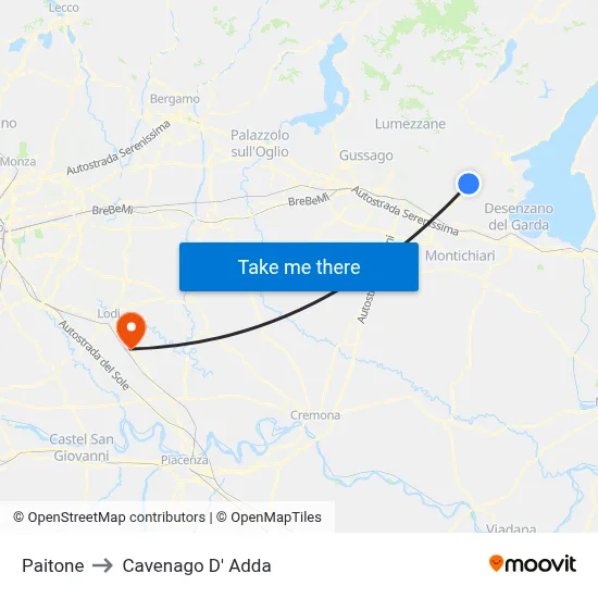 Paitone to Cavenago D' Adda map