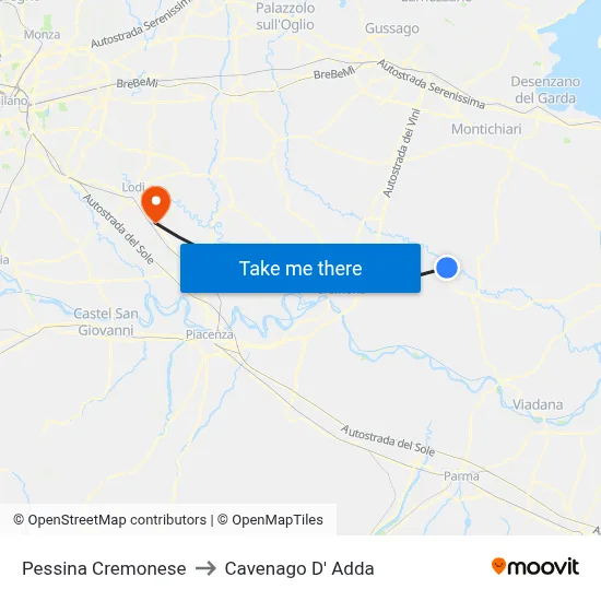 Pessina Cremonese to Cavenago D' Adda map