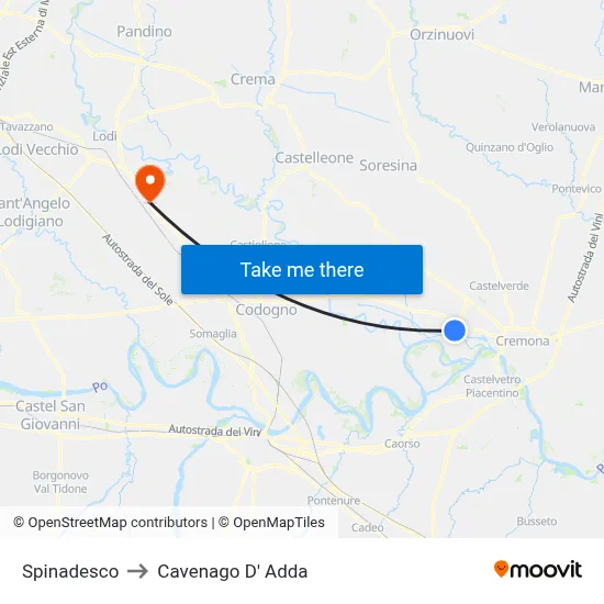 Spinadesco to Cavenago D' Adda map