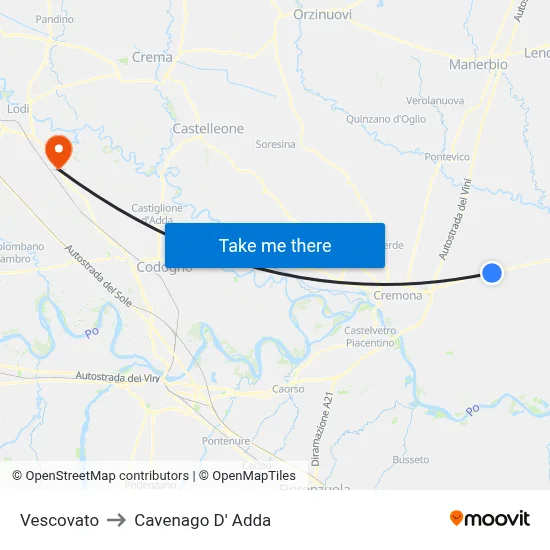 Vescovato to Cavenago D' Adda map
