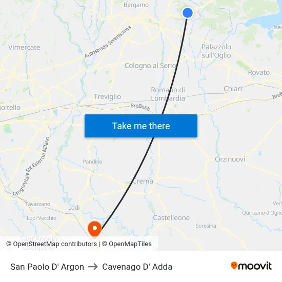 San Paolo D' Argon to Cavenago D' Adda map