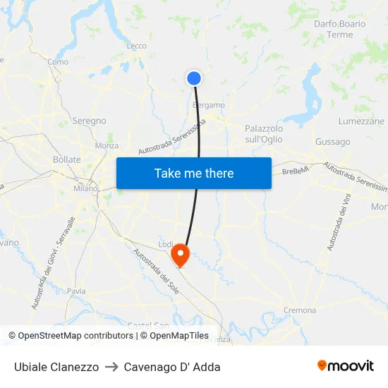 Ubiale Clanezzo to Cavenago D' Adda map