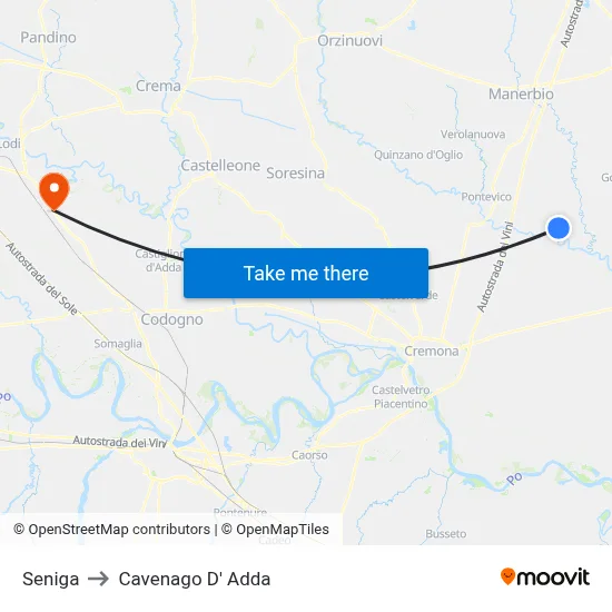 Seniga to Cavenago D' Adda map