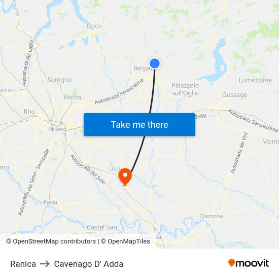 Ranica to Cavenago D' Adda map