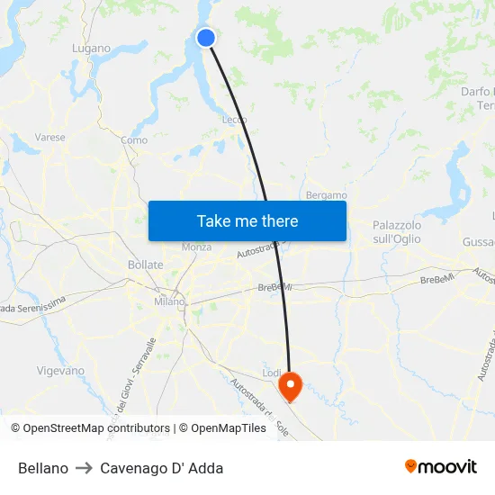 Bellano to Cavenago D' Adda map