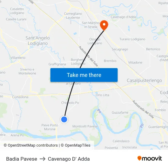 Badia Pavese to Cavenago D' Adda map