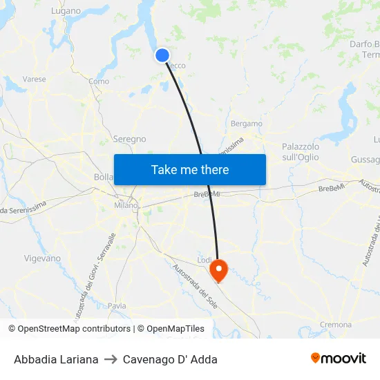 Abbadia Lariana to Cavenago D' Adda map