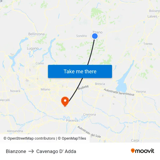 Bianzone to Cavenago D' Adda map