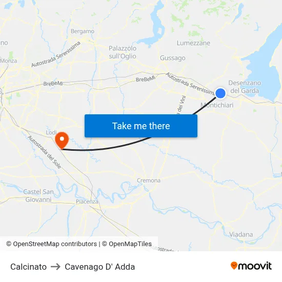 Calcinato to Cavenago D' Adda map