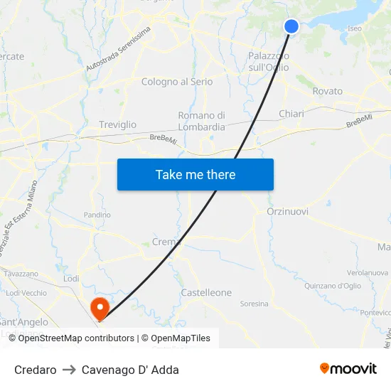 Credaro to Cavenago D' Adda map