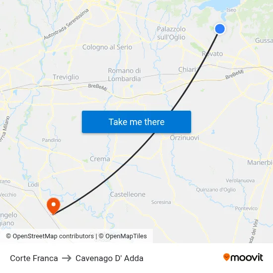 Corte Franca to Cavenago D' Adda map