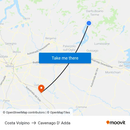 Costa Volpino to Cavenago D' Adda map