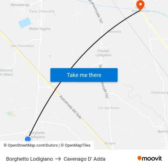 Borghetto Lodigiano to Cavenago D' Adda map