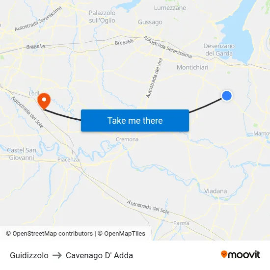 Guidizzolo to Cavenago D' Adda map