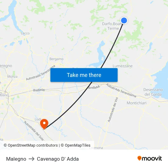 Malegno to Cavenago D' Adda map