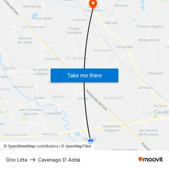 Orio Litta to Cavenago D' Adda map