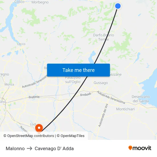 Malonno to Cavenago D' Adda map