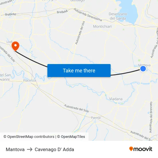 Mantova to Cavenago D' Adda map