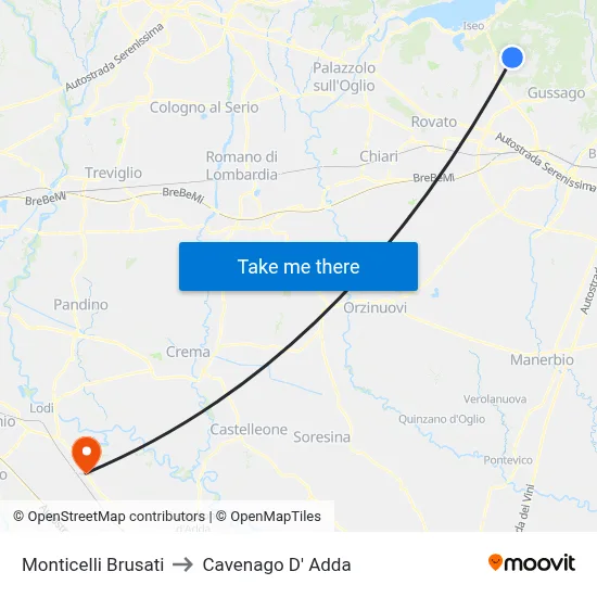 Monticelli Brusati to Cavenago D' Adda map