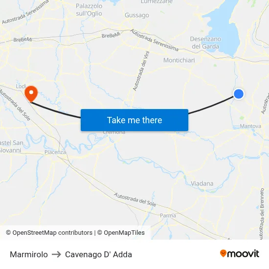 Marmirolo to Cavenago D' Adda map