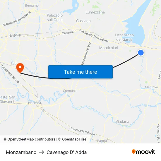 Monzambano to Cavenago D' Adda map