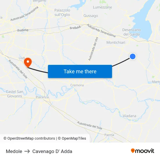 Medole to Cavenago D' Adda map
