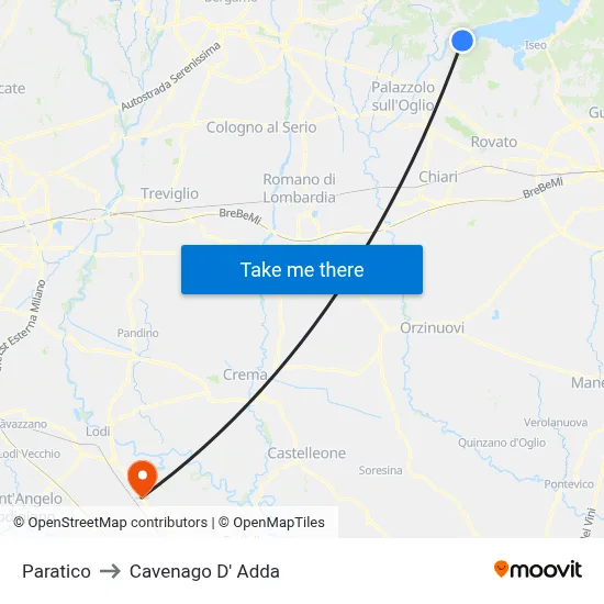 Paratico to Cavenago D' Adda map