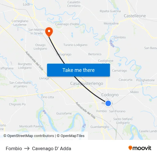 Fombio to Cavenago D' Adda map