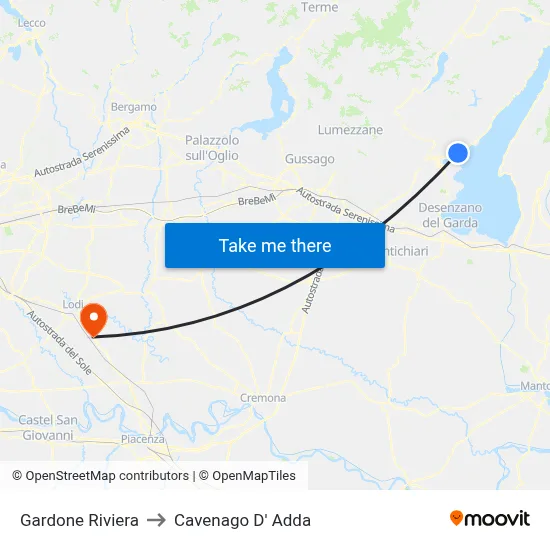 Gardone Riviera to Cavenago D' Adda map