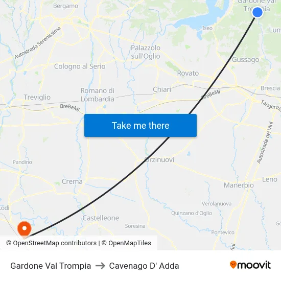 Gardone Val Trompia to Cavenago D' Adda map