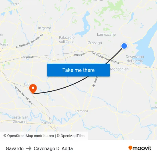 Gavardo to Cavenago D' Adda map