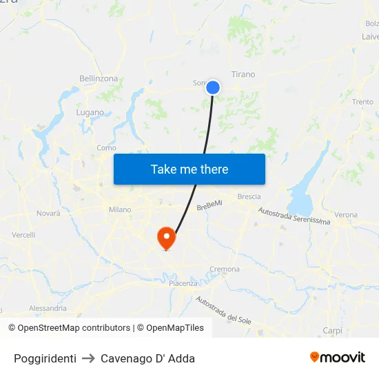 Poggiridenti to Cavenago D' Adda map