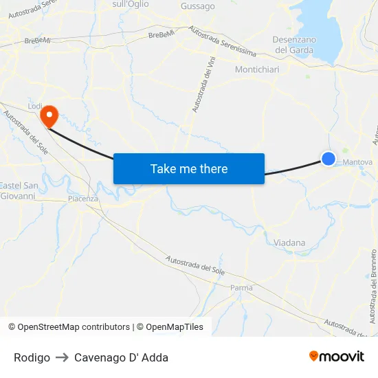 Rodigo to Cavenago D' Adda map