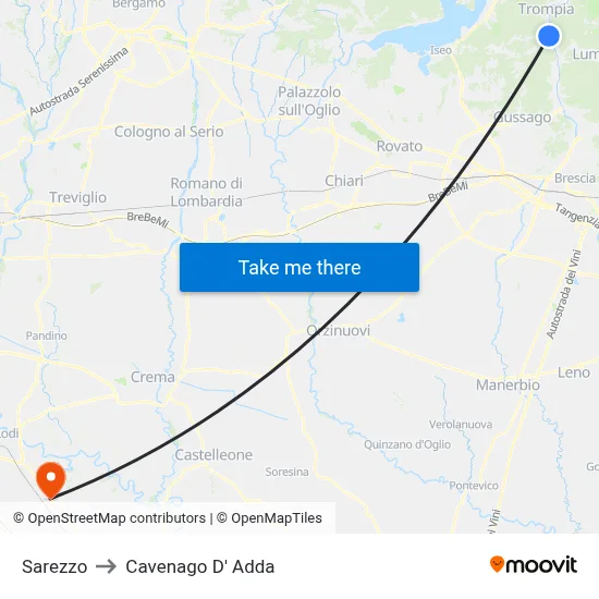 Sarezzo to Cavenago D' Adda map