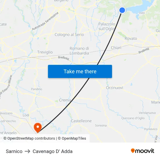 Sarnico to Cavenago D' Adda map