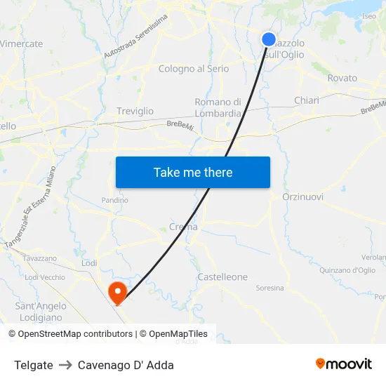 Telgate to Cavenago D' Adda map
