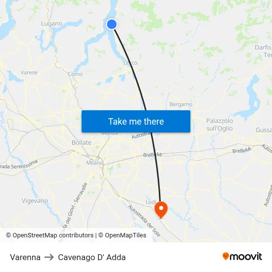 Varenna to Cavenago D' Adda map