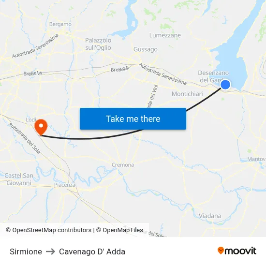 Sirmione to Cavenago D' Adda map