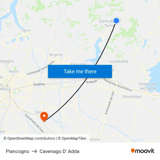 Piancogno to Cavenago D' Adda map