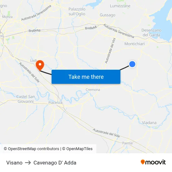 Visano to Cavenago D' Adda map
